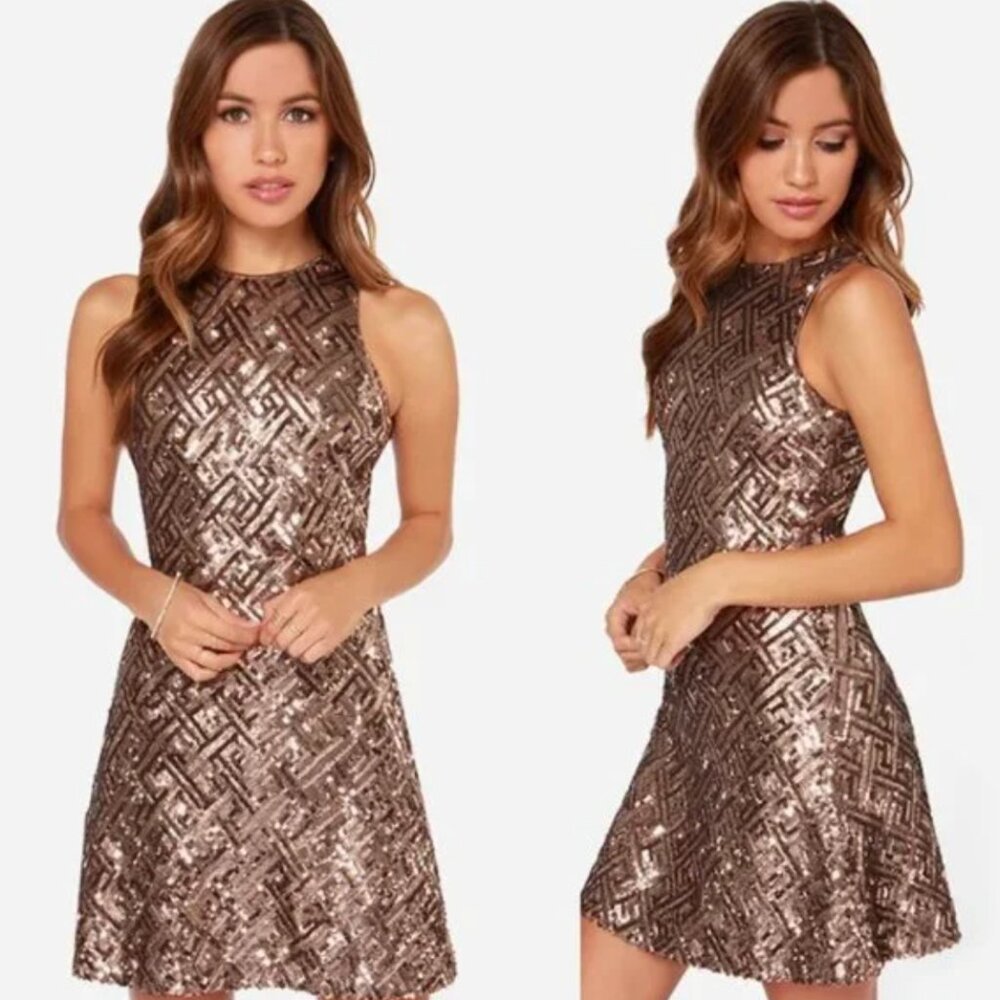 DRESS THE POPULATION Mia Bronze Sequin Mini Fit and Flare Dress - Size S - Picture 1 of 16